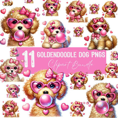 Collection of 11 Goldendoodle puppy illustrations in Valentine's style with bubble gum, heart glasses, and pink bows, perfect for digital crafting