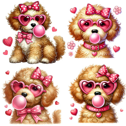 Four adorable Goldendoodle puppies blowing pink bubble gum, wearing heart-shaped glasses and polka dot bows, decorated with valentine hearts and flowers