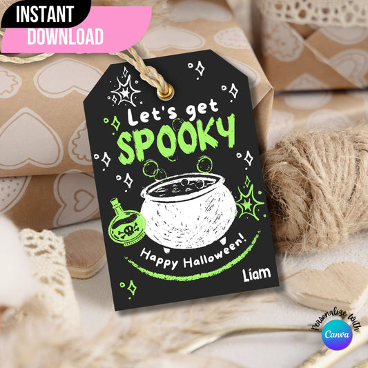 Gothic-themed Halloween printable tag displayed on a gift bag with flowers on the side.