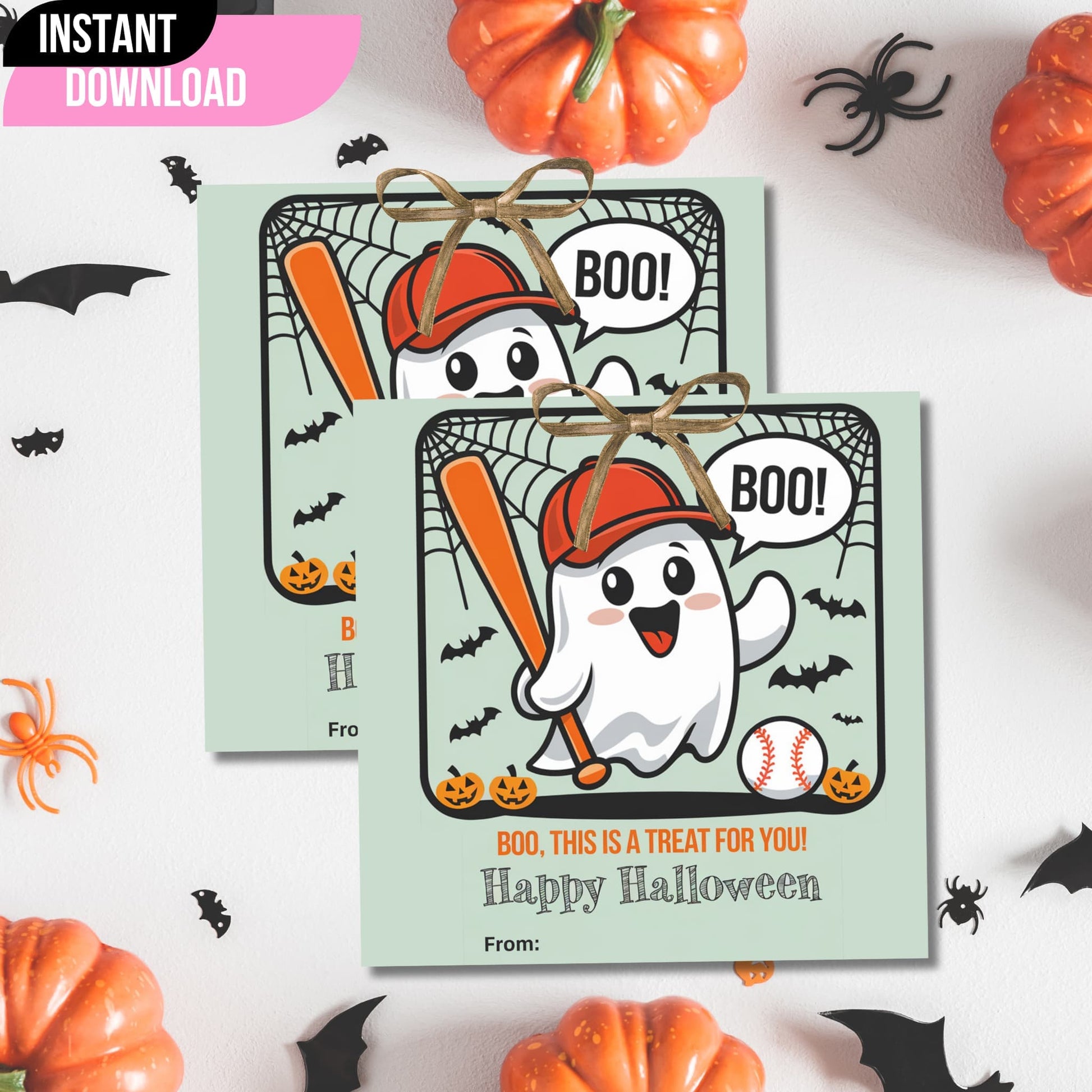 Instant download green Halloween baseball ghost favor tags, printable PDF for birthday parties and baby showers with Halloween theme