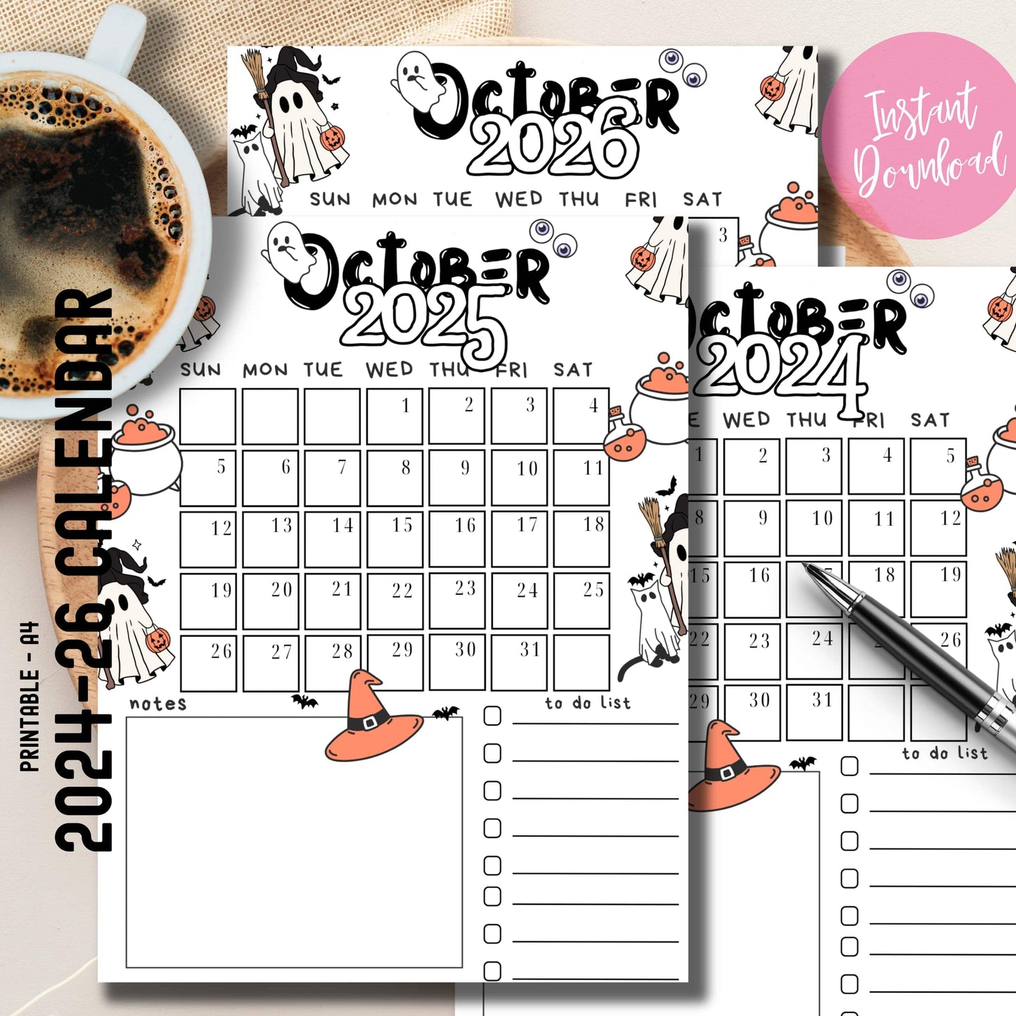 Set of printable October 2024-2026 calendars with cute Halloween doodles in black, white, and orange, shown with coffee cup and pen, highlighting the free PDF download and instant accessibility for school planning.