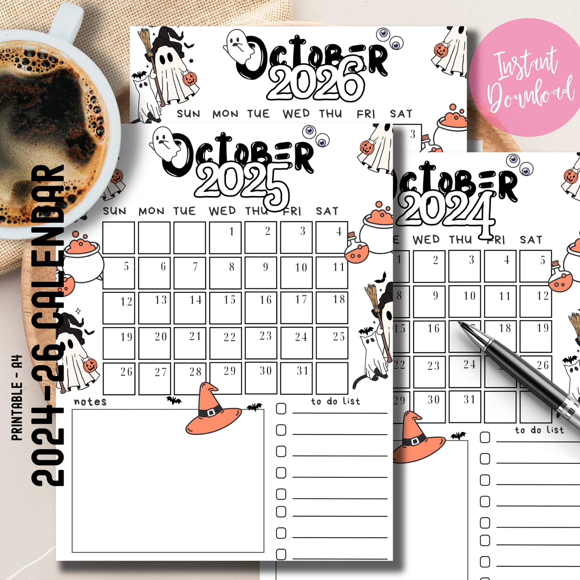 Set of printable October 2024-2026 calendars with cute Halloween doodles in black, white, and orange, shown with coffee cup and pen, highlighting the free PDF download and instant accessibility for school planning.