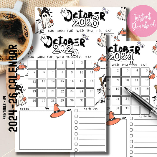 Set of printable October 2024-2026 calendars with cute Halloween doodles in black, white, and orange, shown with coffee cup and pen, highlighting the free PDF download and instant accessibility for school planning.