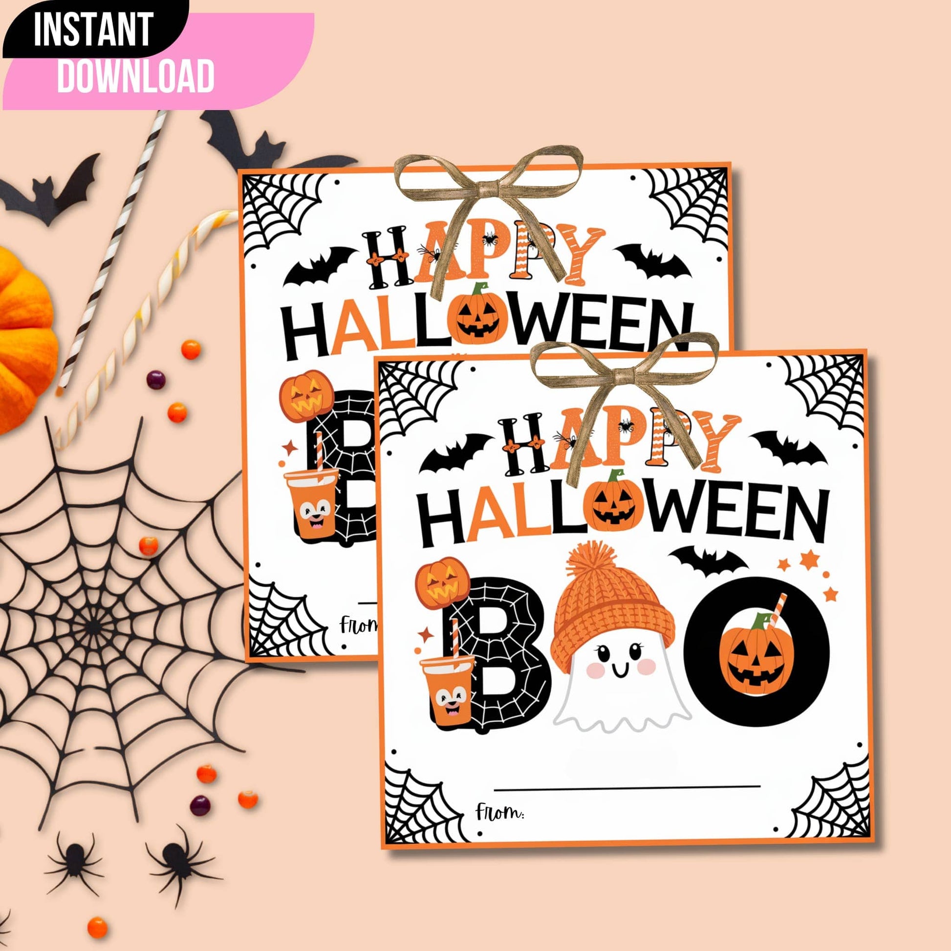 Halloween favor tags with spooky decorations featuring "Happy Halloween" text, bats, and pumpkins on a peach background