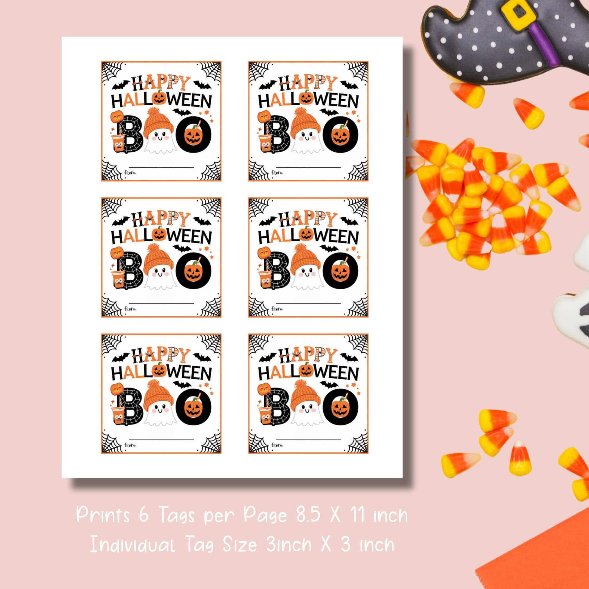 Printable sheet of six Halloween favor tags with "Happy Halloween" design, showcasing 3x3 inch individual tag size on 8.5x11 inch pagePrintable sheet of six Halloween favor tags with "Happy Halloween" design, showcasing 3x3 inch individual tag size on 8.5x11 inch page
