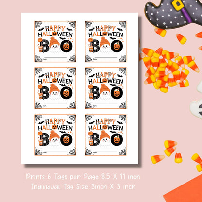 Printable sheet of six Halloween favor tags with "Happy Halloween" design, showcasing 3x3 inch individual tag size on 8.5x11 inch pagePrintable sheet of six Halloween favor tags with "Happy Halloween" design, showcasing 3x3 inch individual tag size on 8.5x11 inch page
