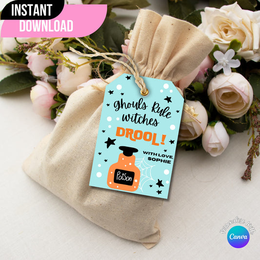 Halloween printable tag displayed on a gift bag with flowers on the side.