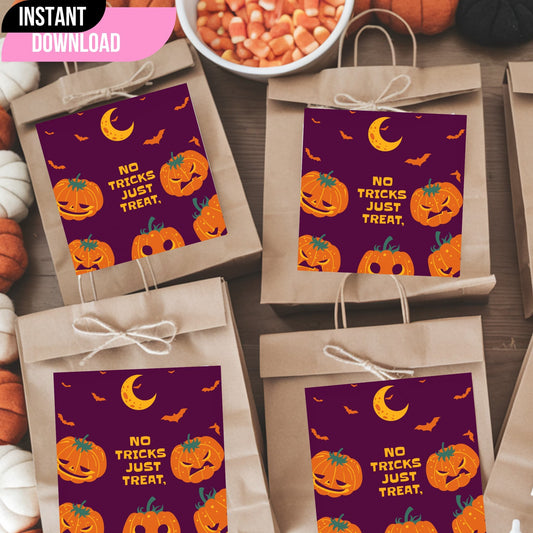 No Tricks Just Treat Halloween tags on kraft paper bags with twine bows, featuring playful jack-o'-lanterns and crescent moon on purple background, styled with candy corn and decorative pumpkins.