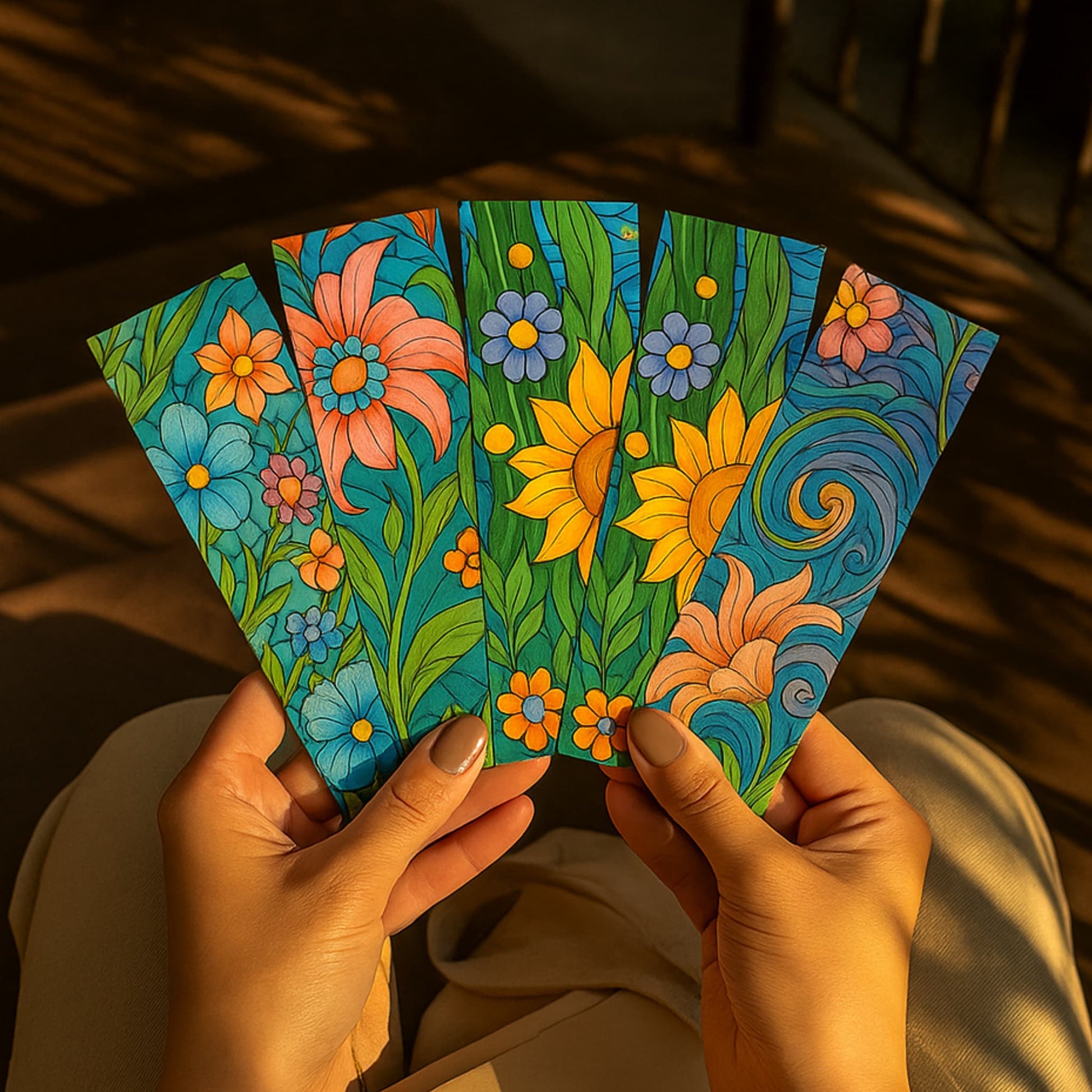 Five printable floral stained glass bookmarks with sunflowers and wildflowers held in natural sunlight