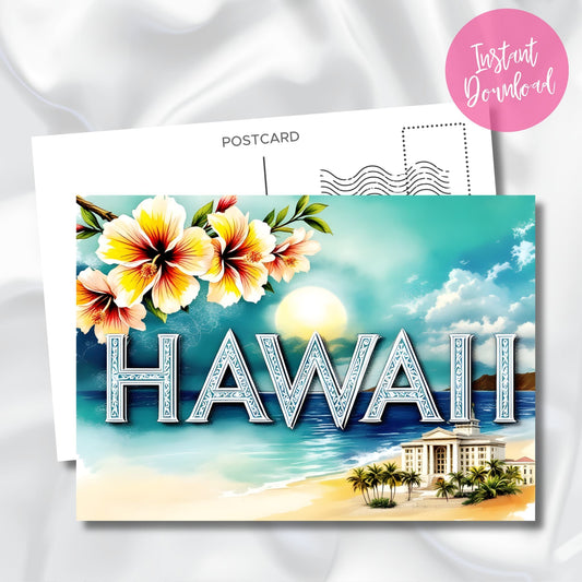 Digital download preview of Hawaiian paradise scene featuring carved Hawaii lettering, vibrant hibiscus flowers, beachfront resort, and peaceful ocean sunset with instant download badge