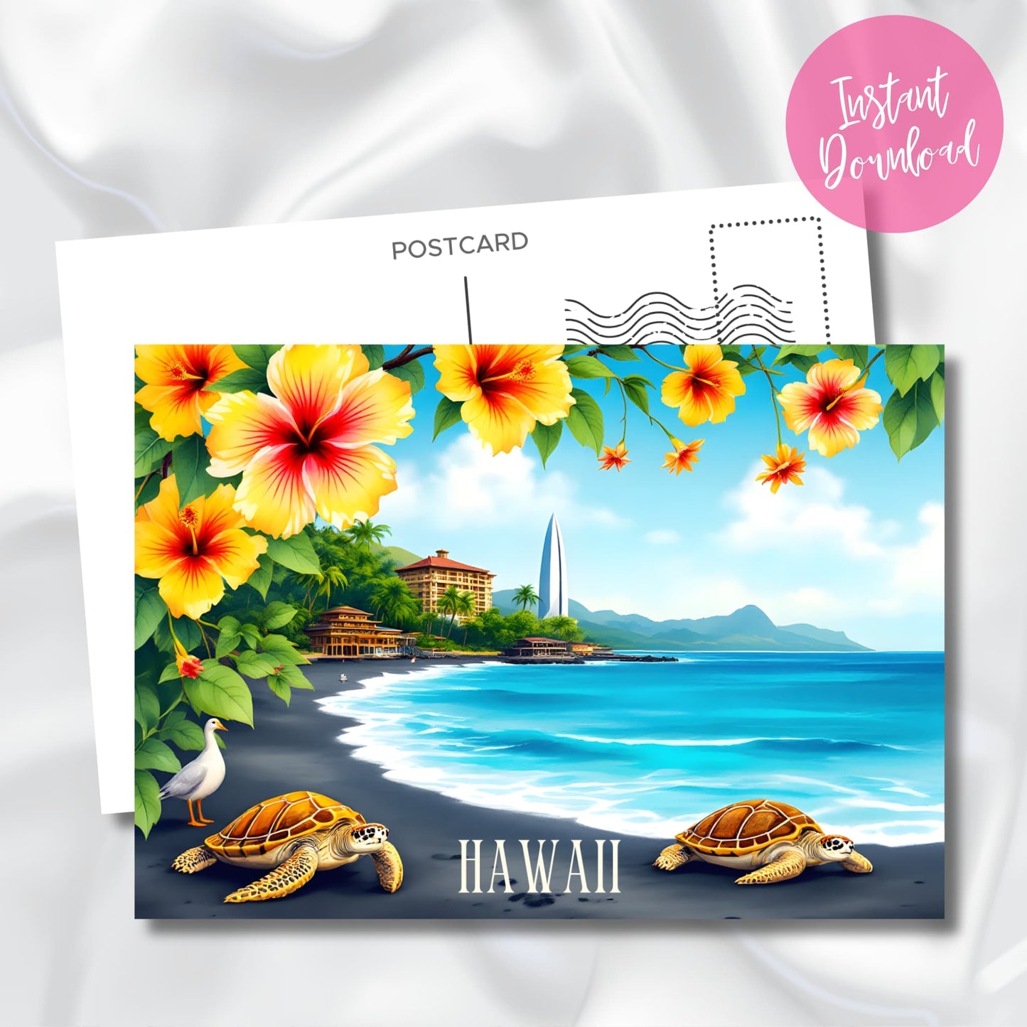 Digital download preview of Hawaiian beach scene with indigenous sea turtles, golden hibiscus blossoms, traditional resort architecture, and volcanic coastline with instant download badge