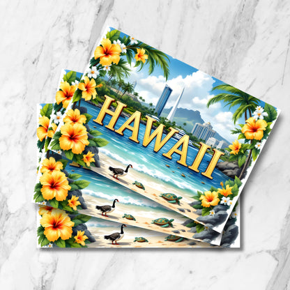 Stacked preview of Hawaiian beach postcards featuring yellow hibiscus flowers, nene goose, sea turtles, modern skyline, and mountain views in vintage watercolor style