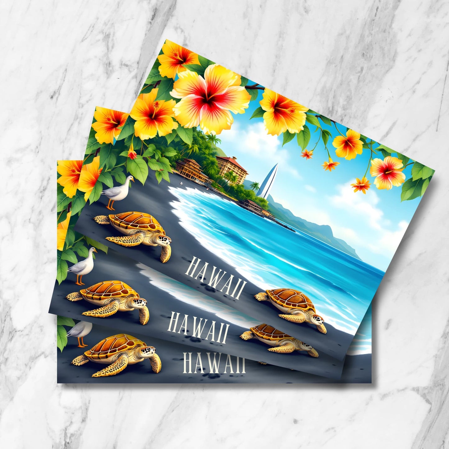 Stacked preview of Hawaiian black sand beach postcards featuring sea turtles, nene geese, yellow hibiscus flowers, oceanfront resort, and turquoise waters in vintage watercolor style