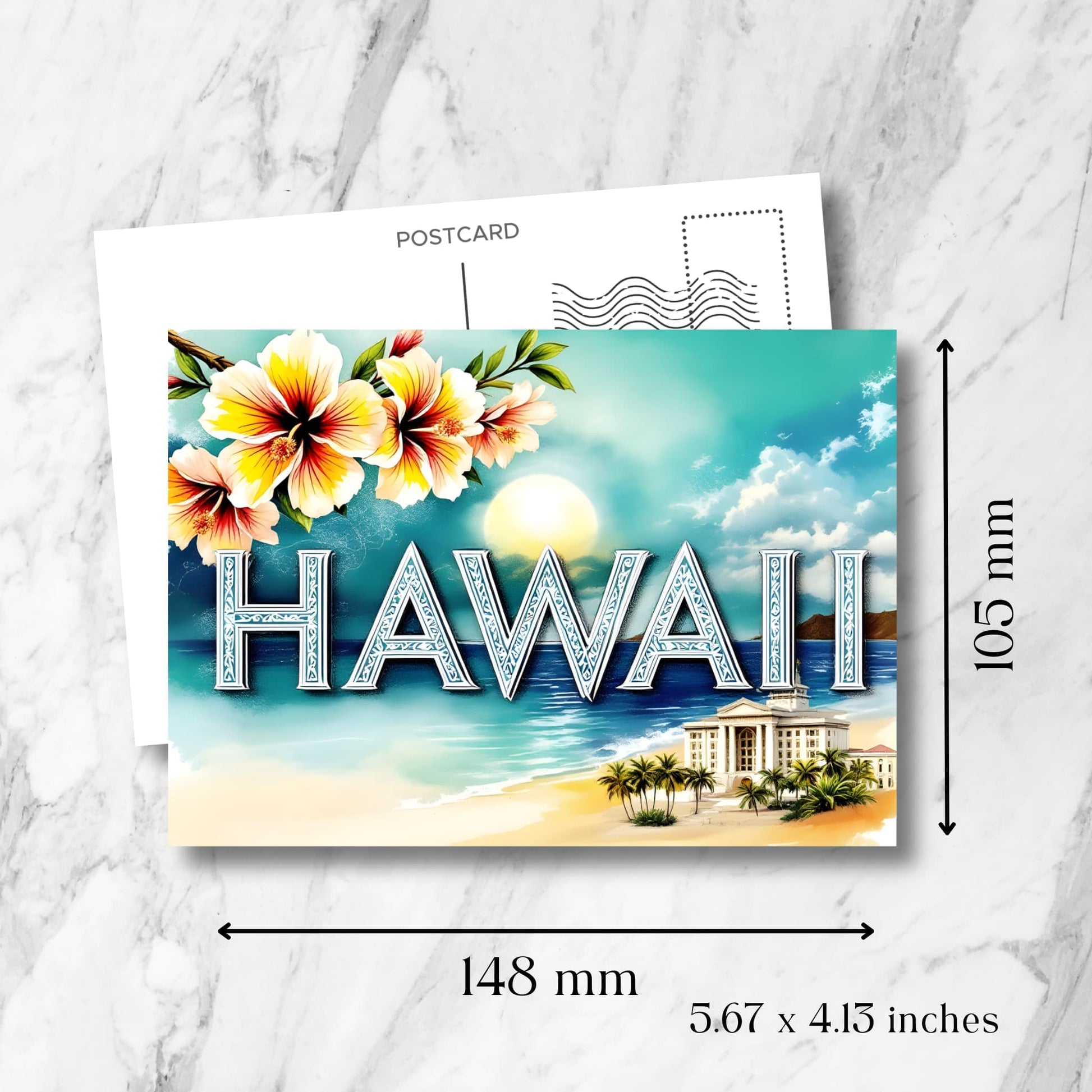 Hawaiian beach postcard size guide (148x105mm) showcasing decorative Hawaii text, tropical hibiscus blooms, palm trees, and classical resort architecture at sunset