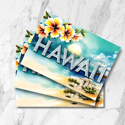 tacked preview of Hawaii beach postcards featuring ornate lettering, yellow hibiscus flowers, oceanfront luxury resort, and golden sunset over turquoise waters in vintage style