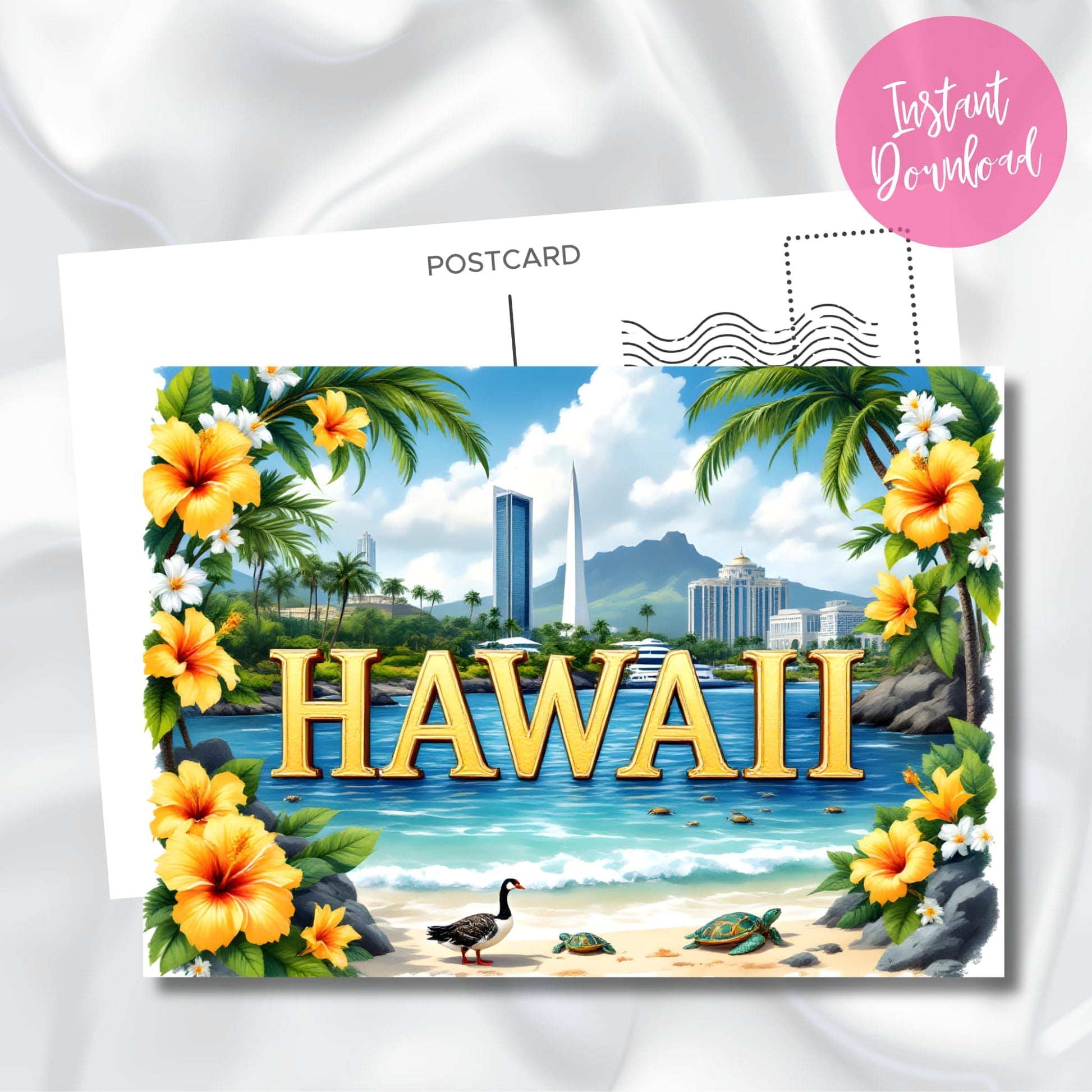 Digital download preview of Hawaiian paradise featuring bright hibiscus blooms, nene goose with sea turtles on sandy beach, palm trees, and city skyline with instant download badge