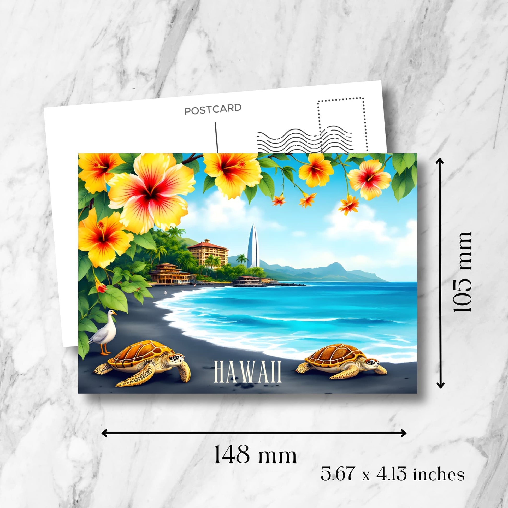 Hawaiian paradise postcard size guide (148x105mm) showing sea turtles on black sand beach, vibrant hibiscus frame, coastal resort, and volcanic mountains against blue ocean