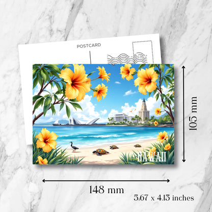 Waikiki paradise postcard size guide (148x105mm) showing vibrant hibiscus blooms, Hawaiian sea turtles, modern opera house, and iconic tower against mountain backdrop