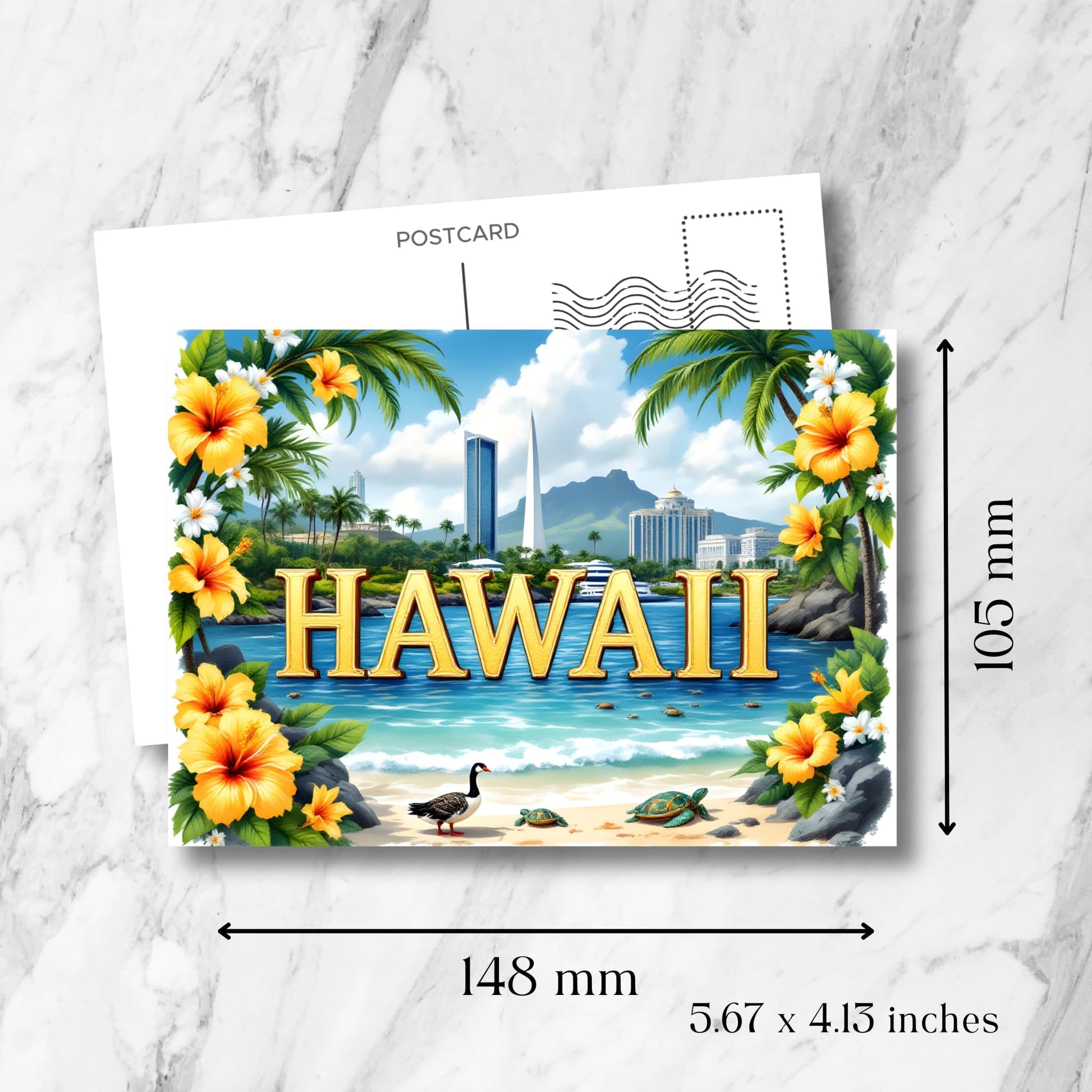 Hawaii paradise postcard size guide (148x105mm) showing tropical beach scene, native wildlife, golden hibiscus frame, and Honolulu skyline against volcanic mountains