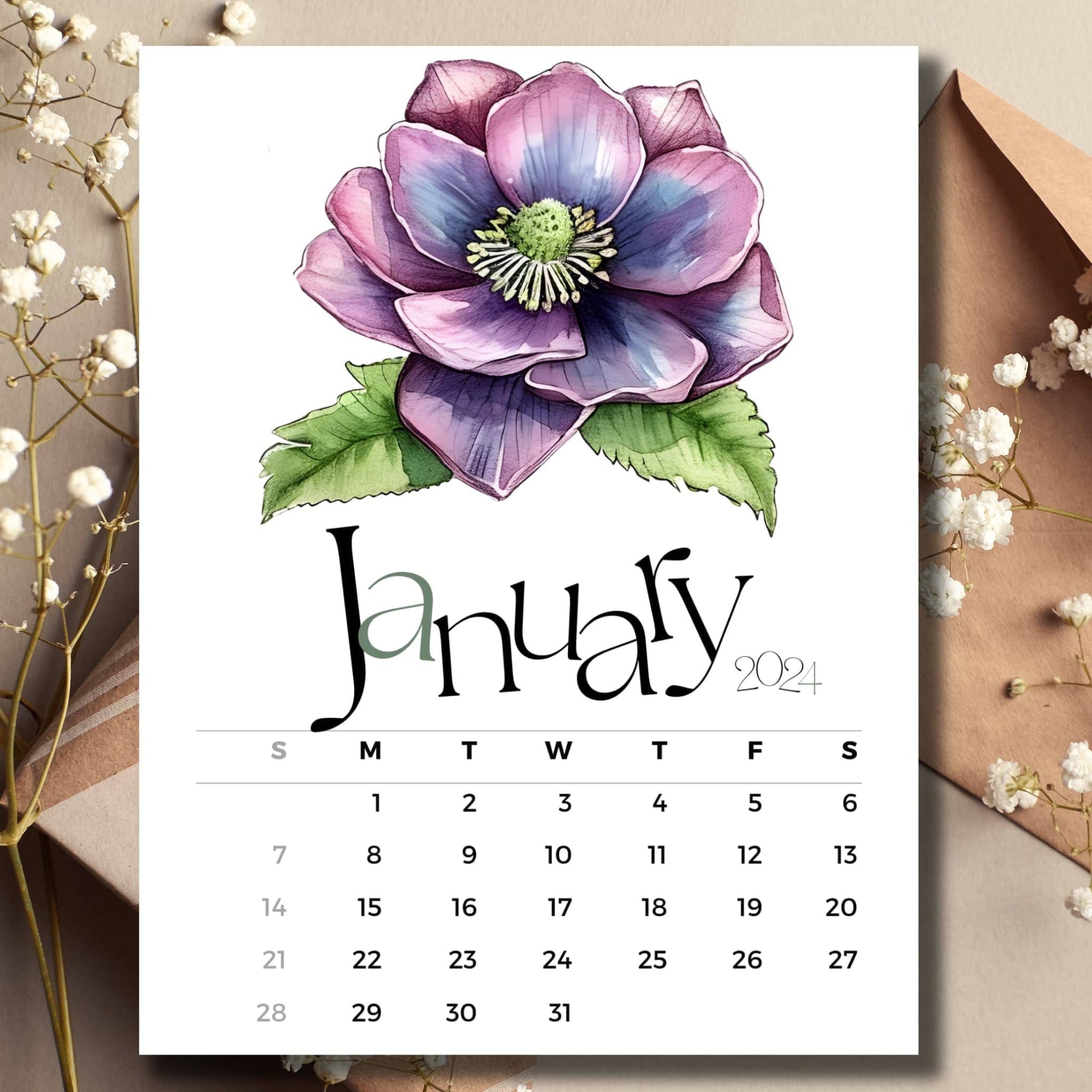 January 2024 Hellebores floral full year calendar on a table with envelope and small white flowers.