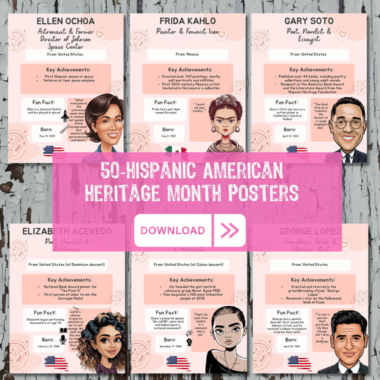 Preview of Hispanic American Heritage Month posters featuring Ellen Ochoa, Frida Kahlo, Gary Soto, Elizabeth Acevedo, Emma Gonzalez, and George Lopez