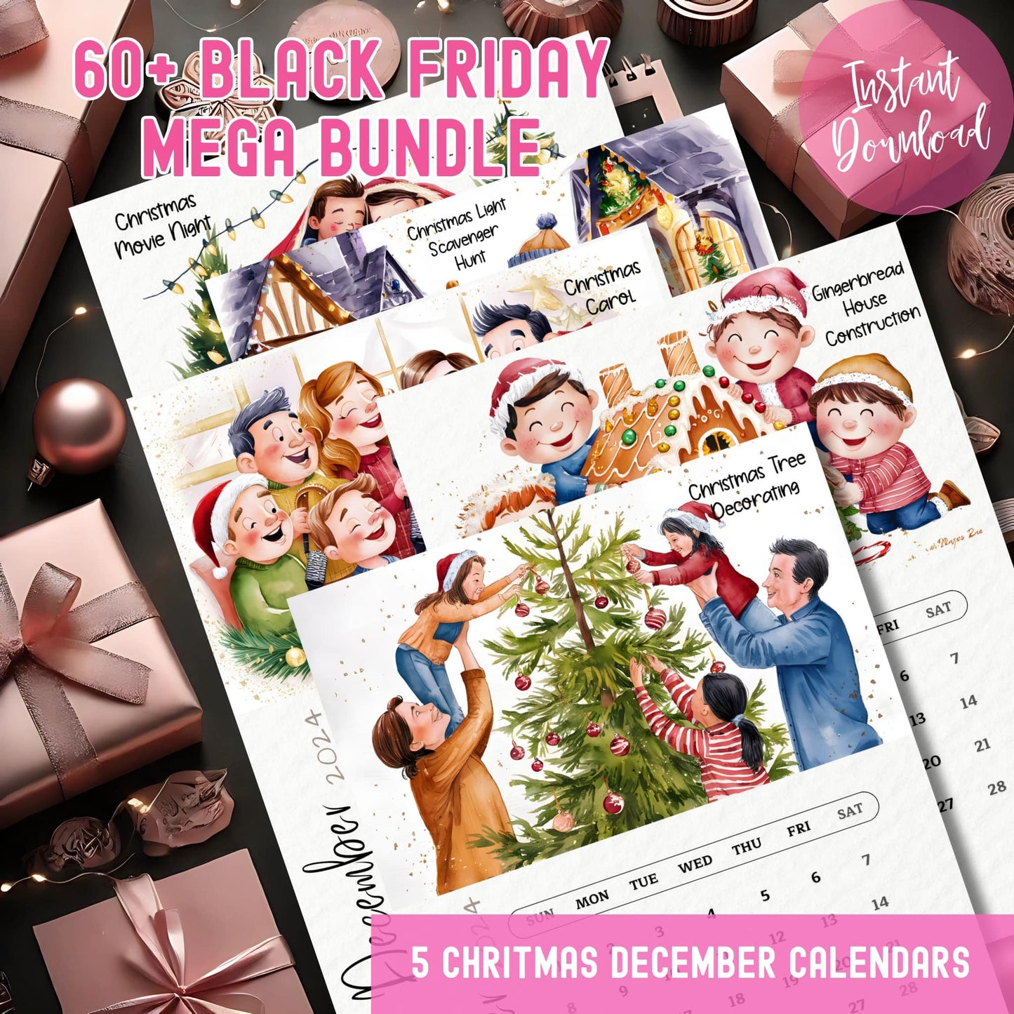 60+ piece mega bundle featuring Christmas calendars and activity illustrations including caroling, tree decorating, gingerbread house making