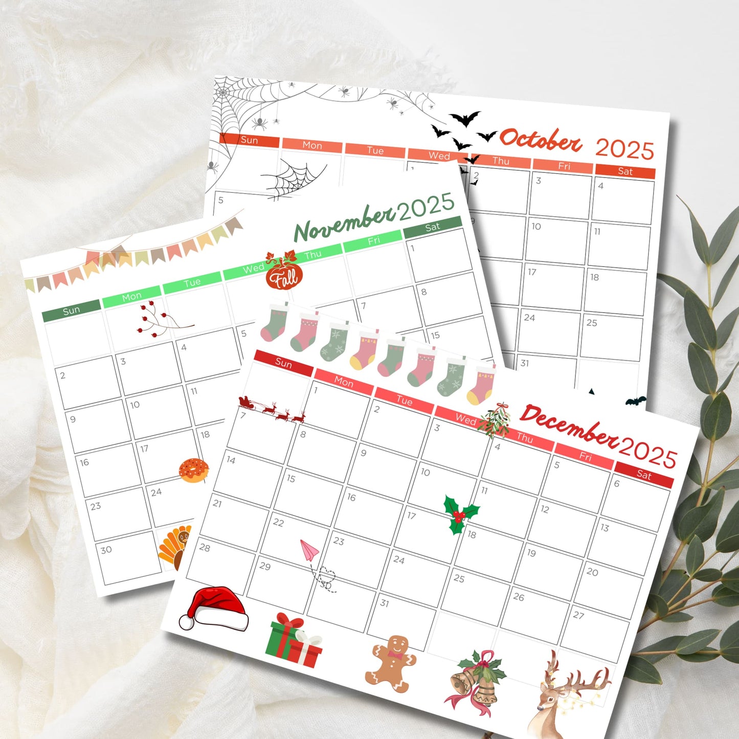 Calendar pages for October through December 2025 with holiday decorations - Halloween spiderwebs and bats, autumn leaves, Christmas stockings, Santa hat, and reindeer on white background