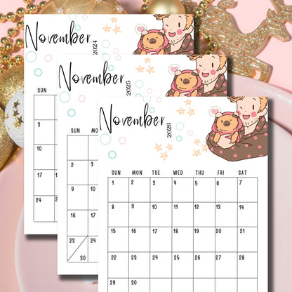 Pink and White Cute Anime Illustrated Modern Free November Monthly Calendar for 2024, 2025 & 2026 Printable - 11 x 8.5-inch A4, PDF | Sunday Start | Vertical Layout for School, Work, Journals