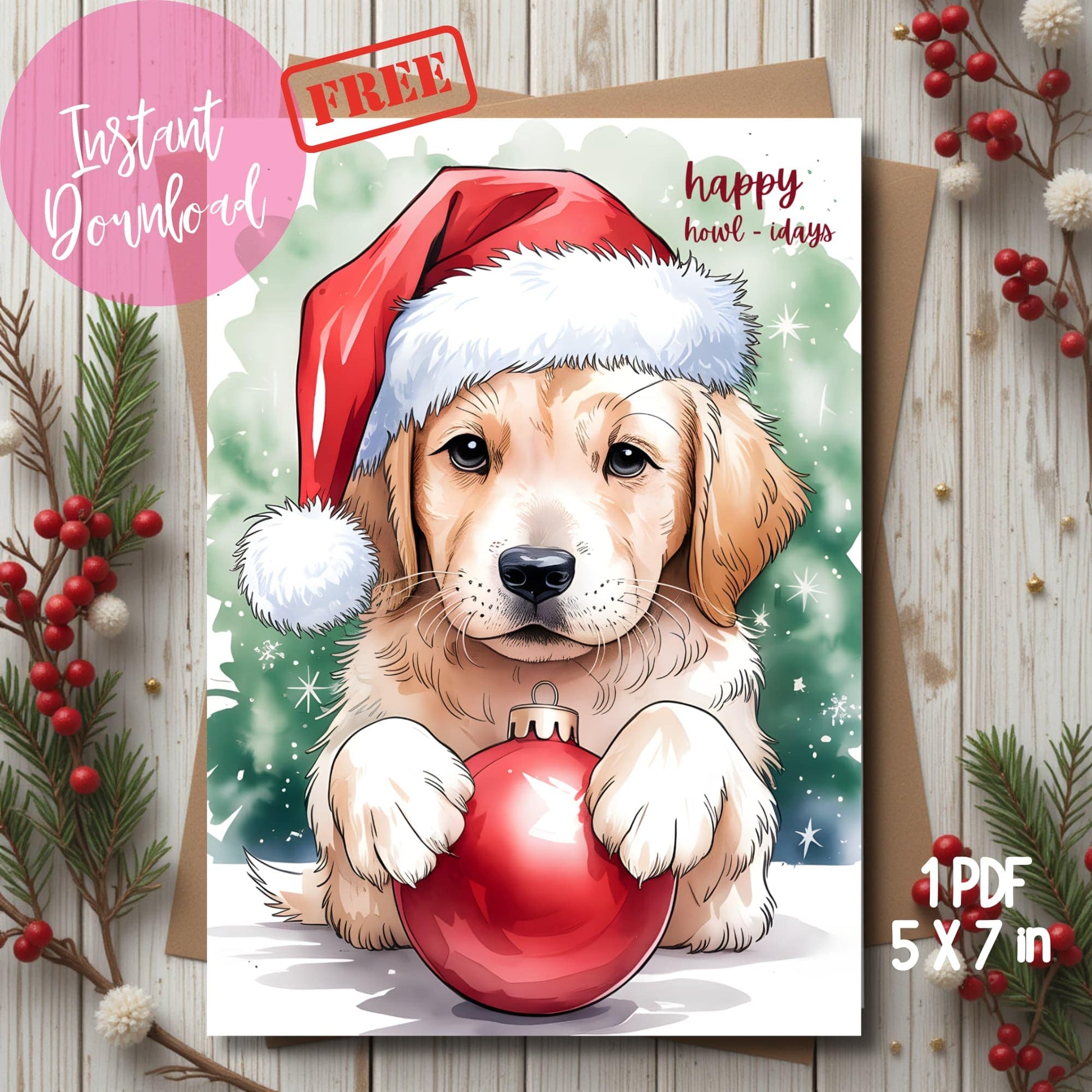 Free 5x7 printable card showing playful Golden puppy with red ornament and winter scene, fun 'Happy Howl-idays' pun, shown on rustic wood background with holly berries, instant download