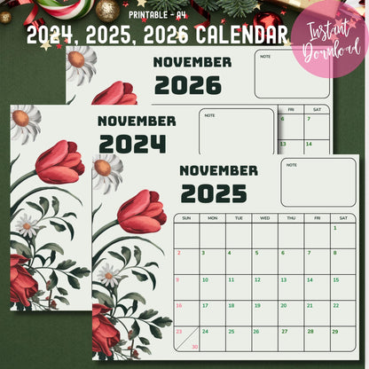 A4 printable November calendar bundle 2024-2026 with instant download badge, featuring red tulips and white daisies, styled with festive ornaments on dark green background