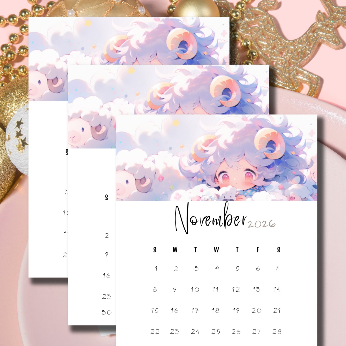 Layered November calendars with kawaii character illustration in soft purples and pinks, displayed with golden holiday decorations on pink