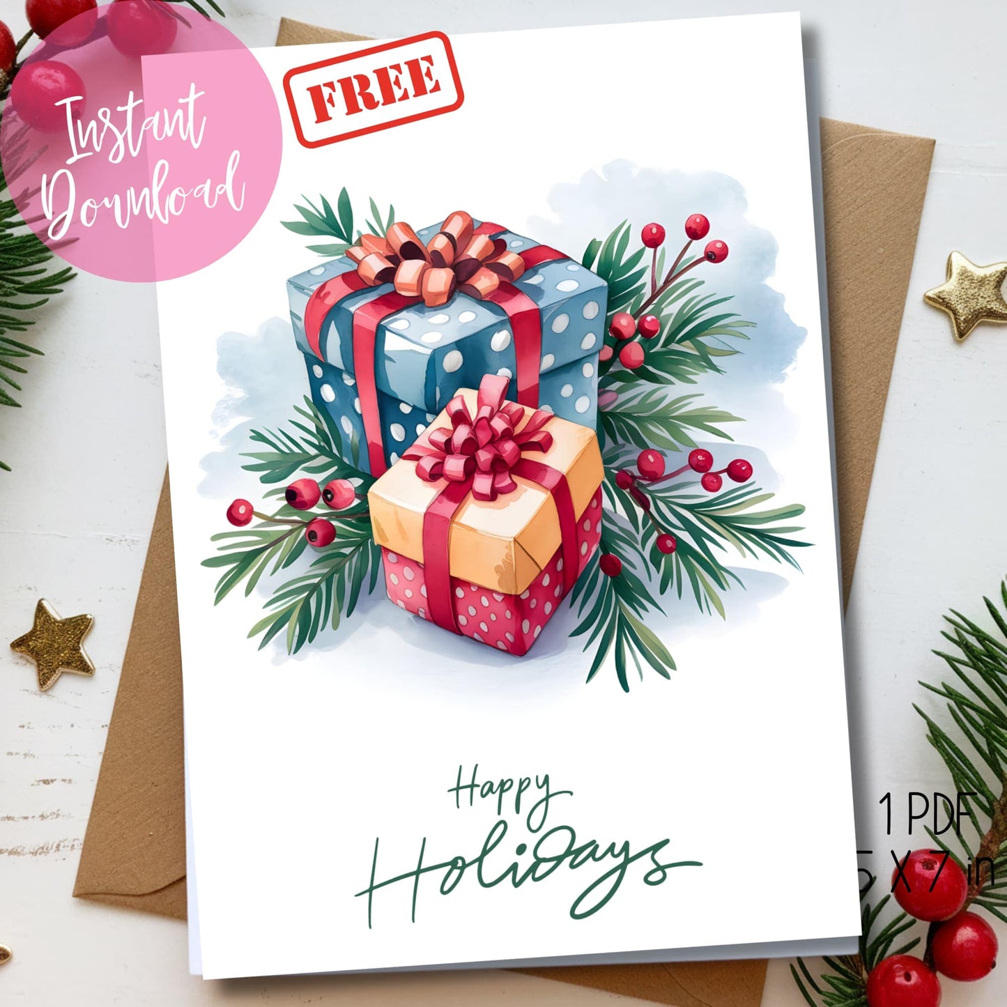 Happy Holidays card featuring polka dot presents with red bows, pine greenery and berries, styled with kraft envelope and gold stars, 5x7 inch printable PDF