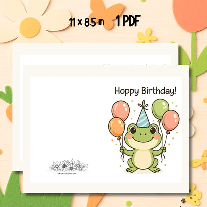 Hoppy birthday green frog card with party hat and balloons surrounded by colorful paper flowers