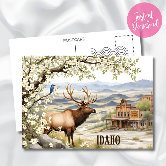 Digital download preview of Idaho vintage postcard with bluebird, elk, flowering dogwood branches, and Western saloon building in rustic landscape