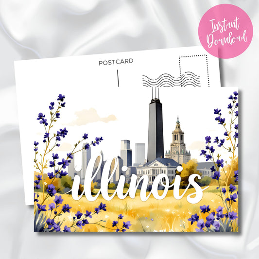 Digital download preview of Illinois postcard showcasing Chicago's Willis Tower, historic Capitol, and urban skyline with blooming purple wildflowers in foreground