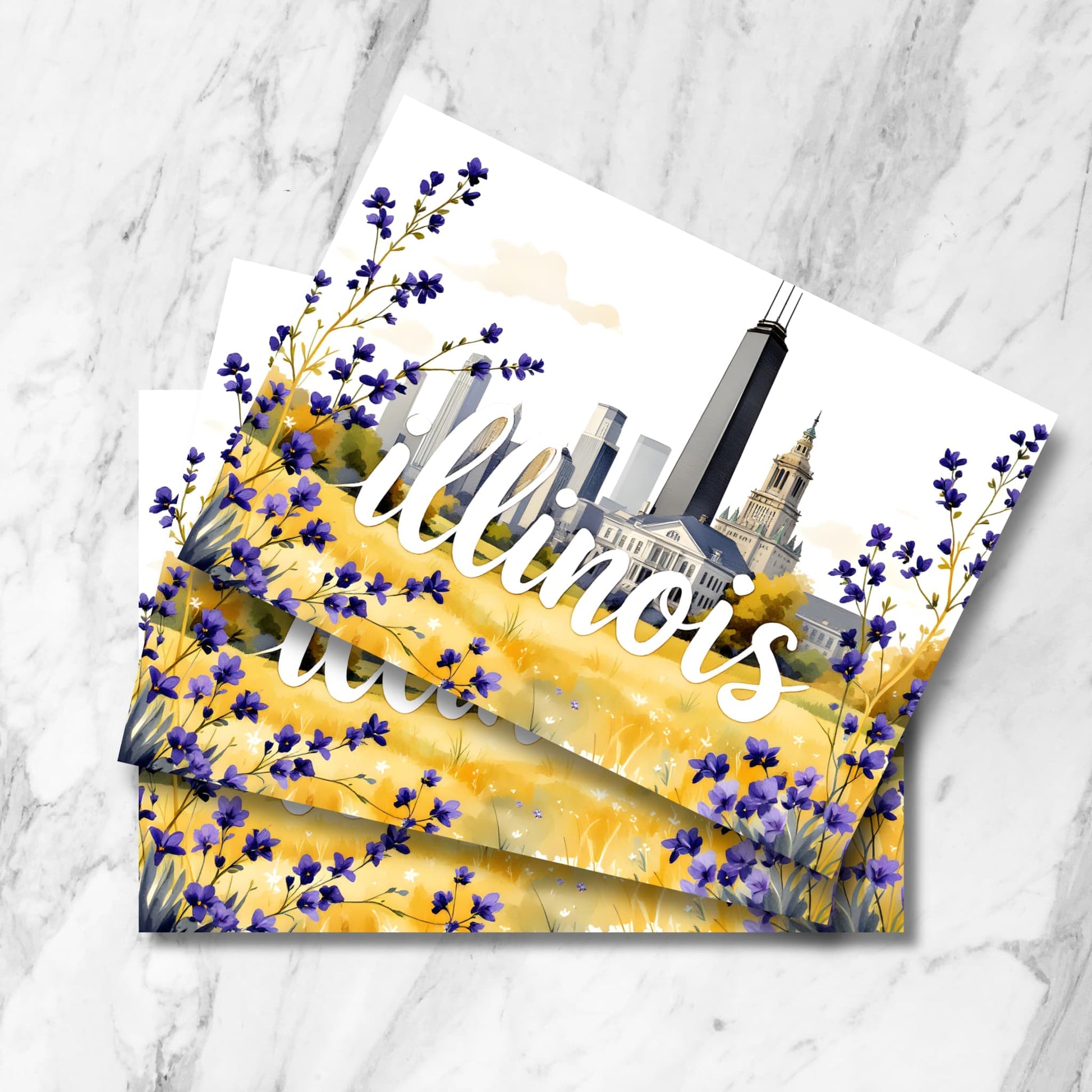 Stacked Illinois postcards showing Chicago skyline with Willis Tower, Capitol building surrounded by purple wildflowers in golden prairie meadow.