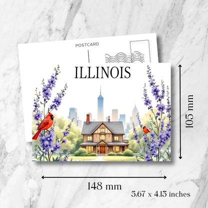 Illinois state postcard size guide showing 148x105mm dimensions, featuring Victorian architecture, state birds, purple delphiniums, and distant Chicago skyscrapers