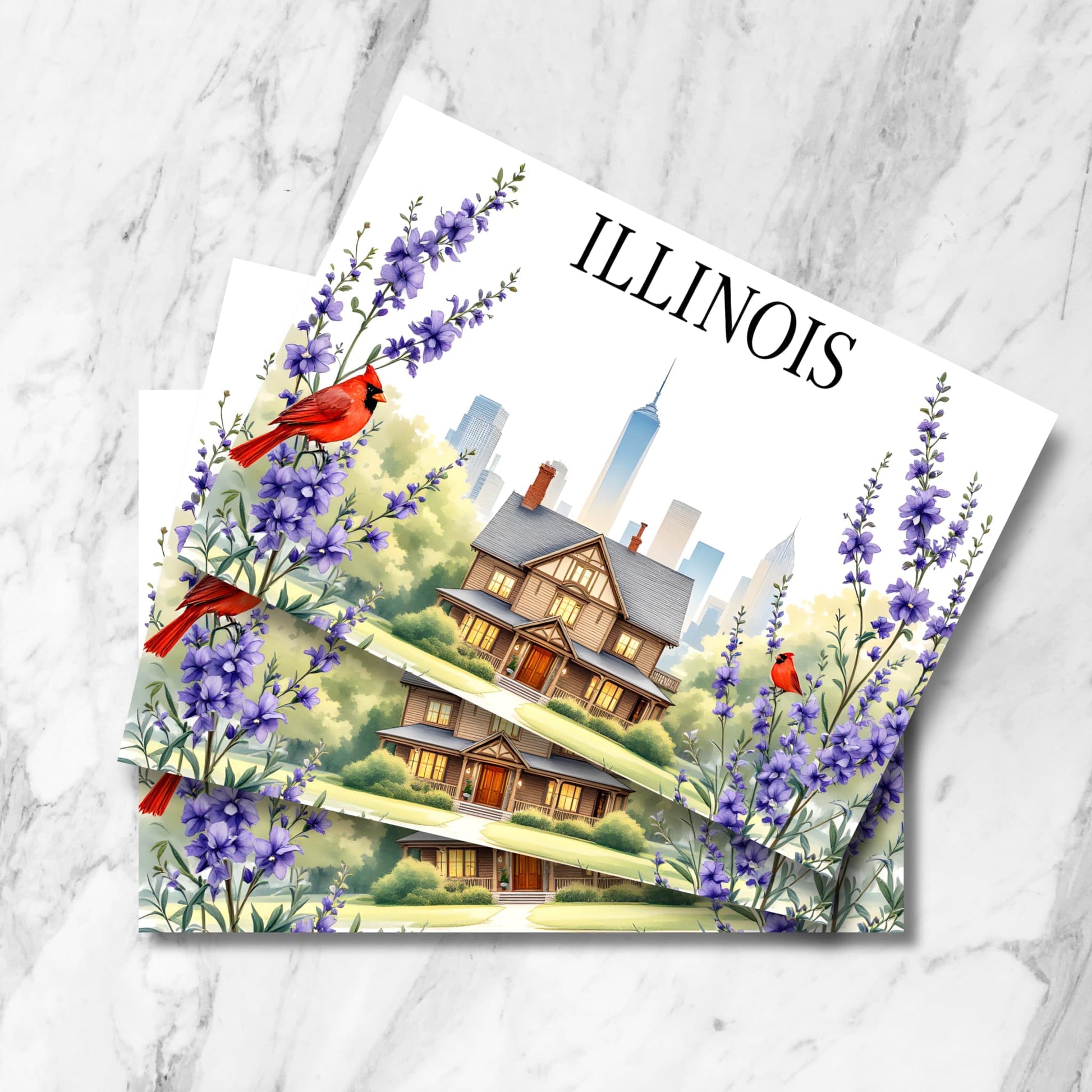 Stack of Illinois postcards featuring classic Victorian house, bright red cardinals perched among purple delphinium flowers, with Chicago skyline backdrop