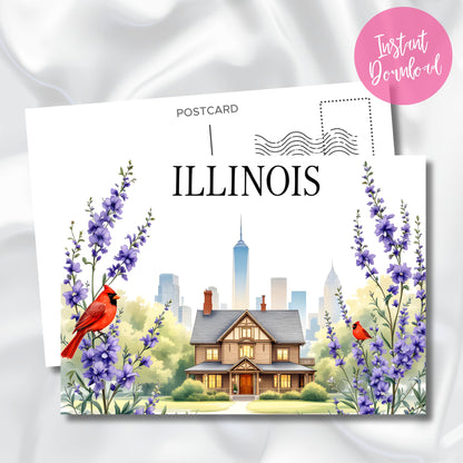 Digital download Illinois souvenir postcard combining historic Victorian house, northern cardinals, blooming purple delphiniums, and modern Chicago skyline