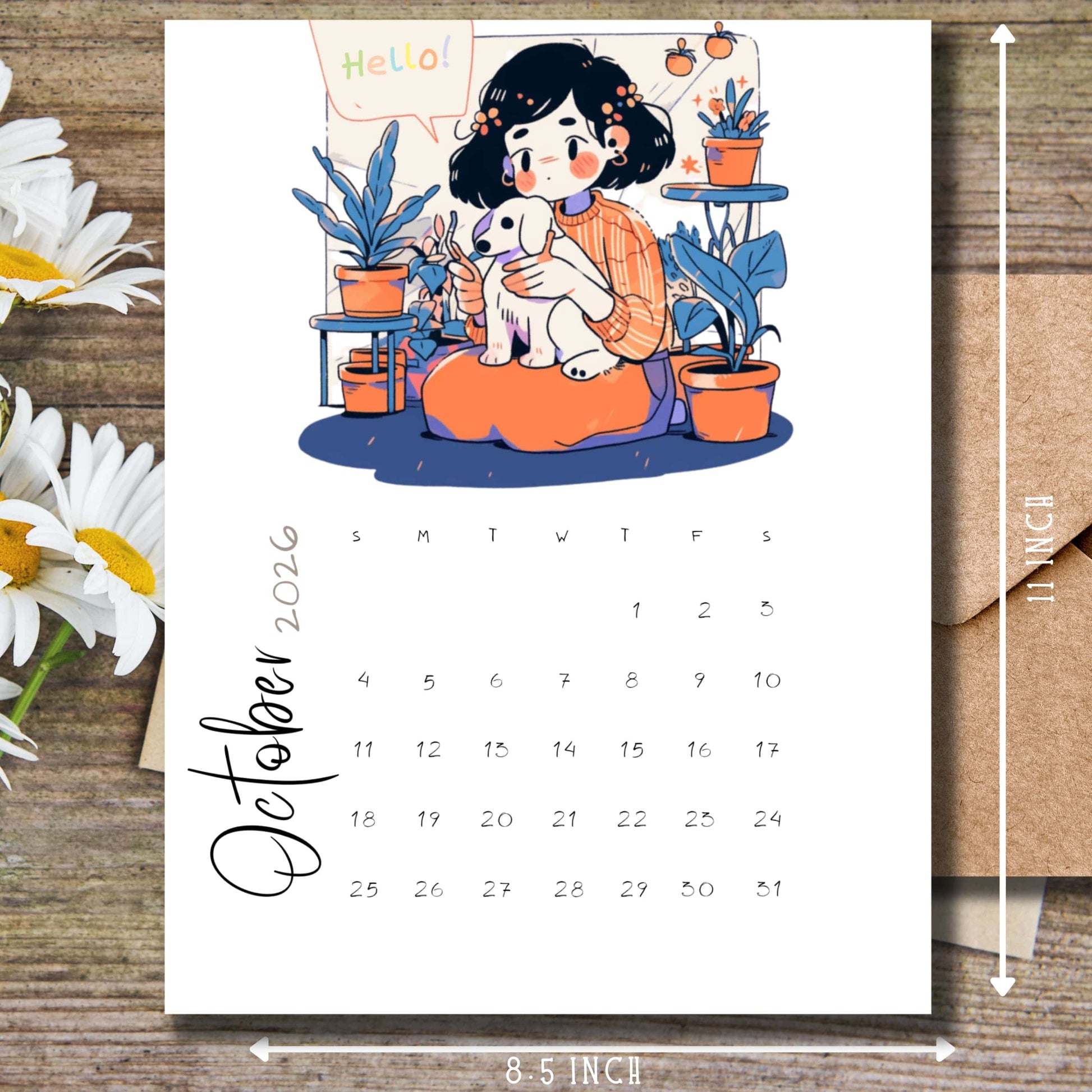 October 2024 calendar page with charming illustration of a girl saying "Hello!" among potted plants, 11 x 8.5 inch size, displayed on wooden surface with daisy flowers, ideal for students and classroom organization.