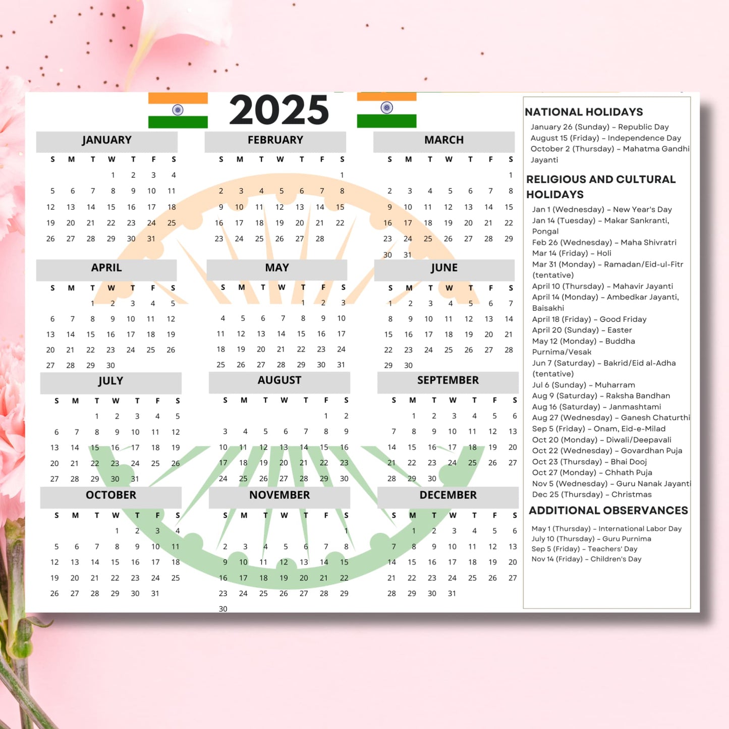 2025 Indian yearly calendar with national flag headers showing all months, national holidays like Republic Day and Independence Day, religious festivals including Diwali and Holi, and cultural observances, displayed on pink floral background with tricolor watermark design