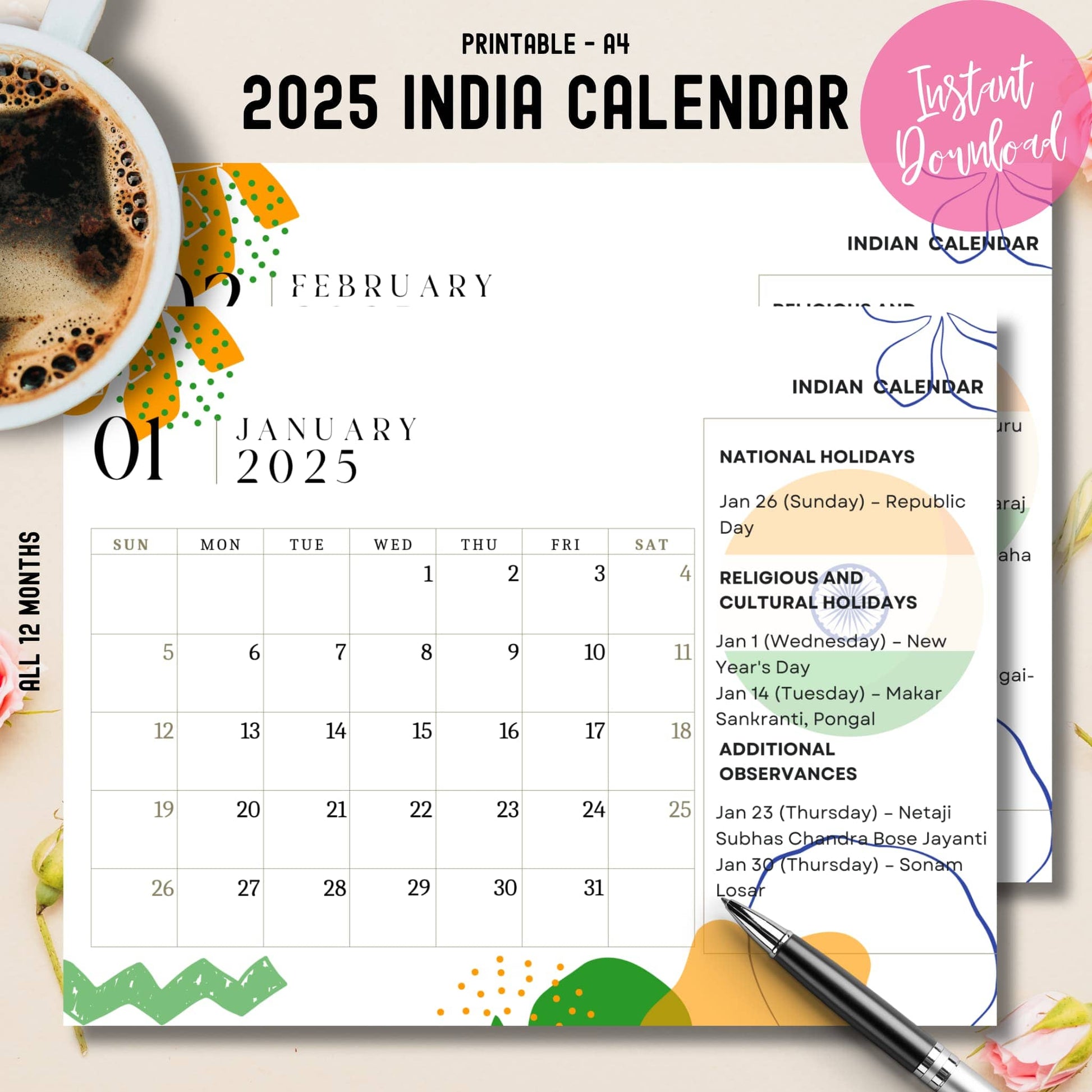 A4 printable 2025 Indian calendar cover with January preview, showing Republic Day and Makar Sankranti celebrations, instant download badge, and modern Indian design motifs with coffee cup styling