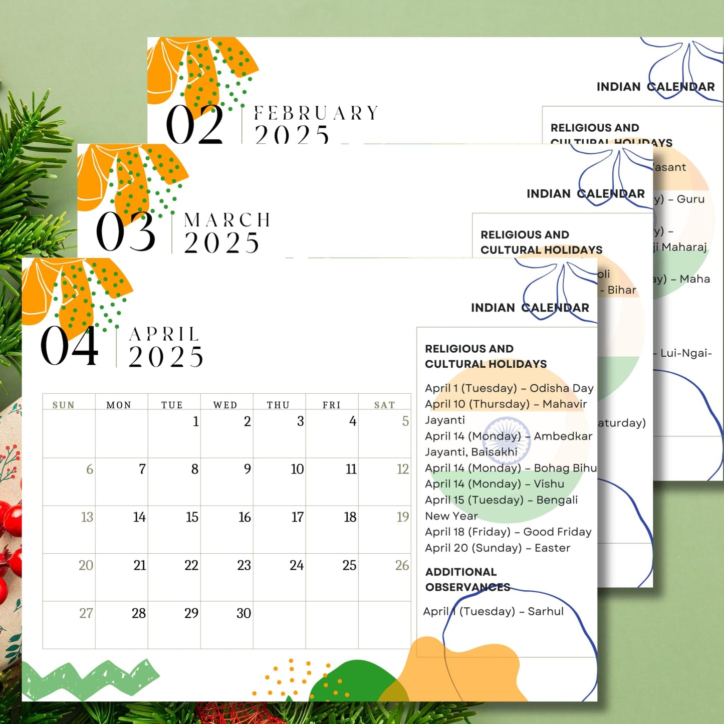 Spring months preview of 2025 Indian calendar showing February through April with cultural festivals like Baisakhi and Ambedkar Jayanti, featuring orange and green geometric design elements on festival-themed background