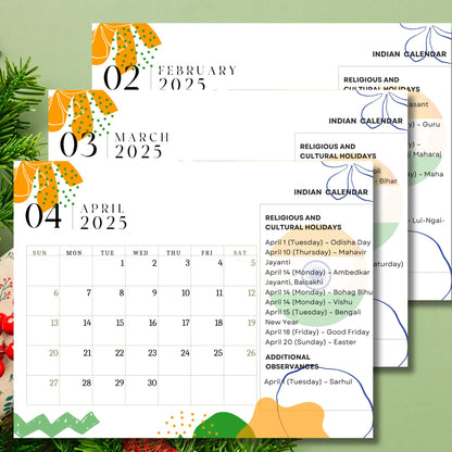 Spring months preview of 2025 Indian calendar showing February through April with cultural festivals like Baisakhi and Ambedkar Jayanti, featuring orange and green geometric design elements on festival-themed background