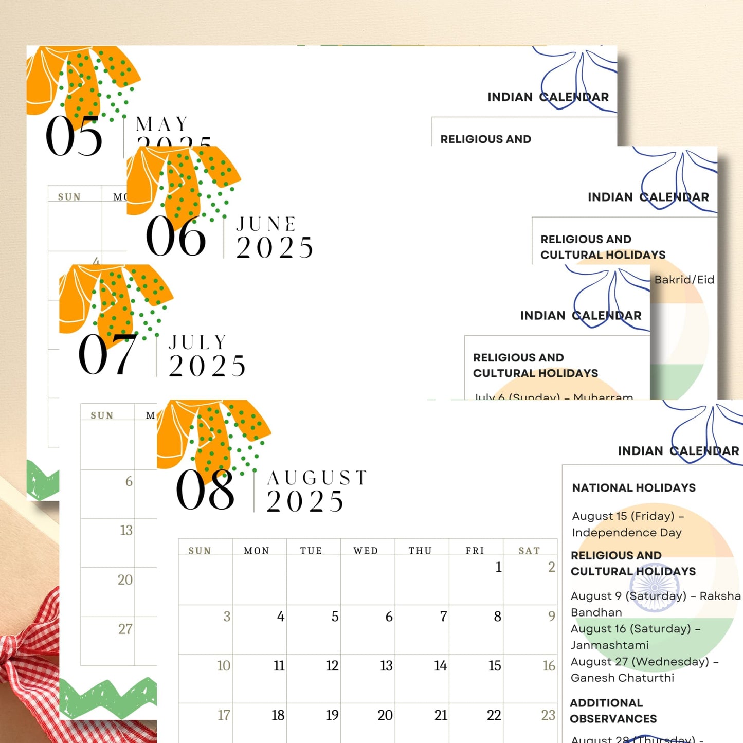 Summer months view of 2025 Indian calendar displaying May through August, highlighting Independence Day and religious festivals like Raksha Bandhan and Janmashtami, with tricolor-inspired decorative elements