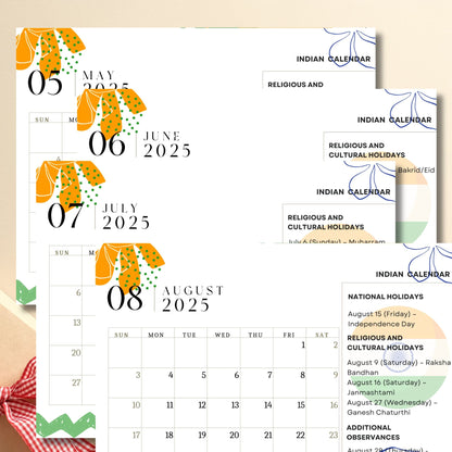 Summer months view of 2025 Indian calendar displaying May through August, highlighting Independence Day and religious festivals like Raksha Bandhan and Janmashtami, with tricolor-inspired decorative elements