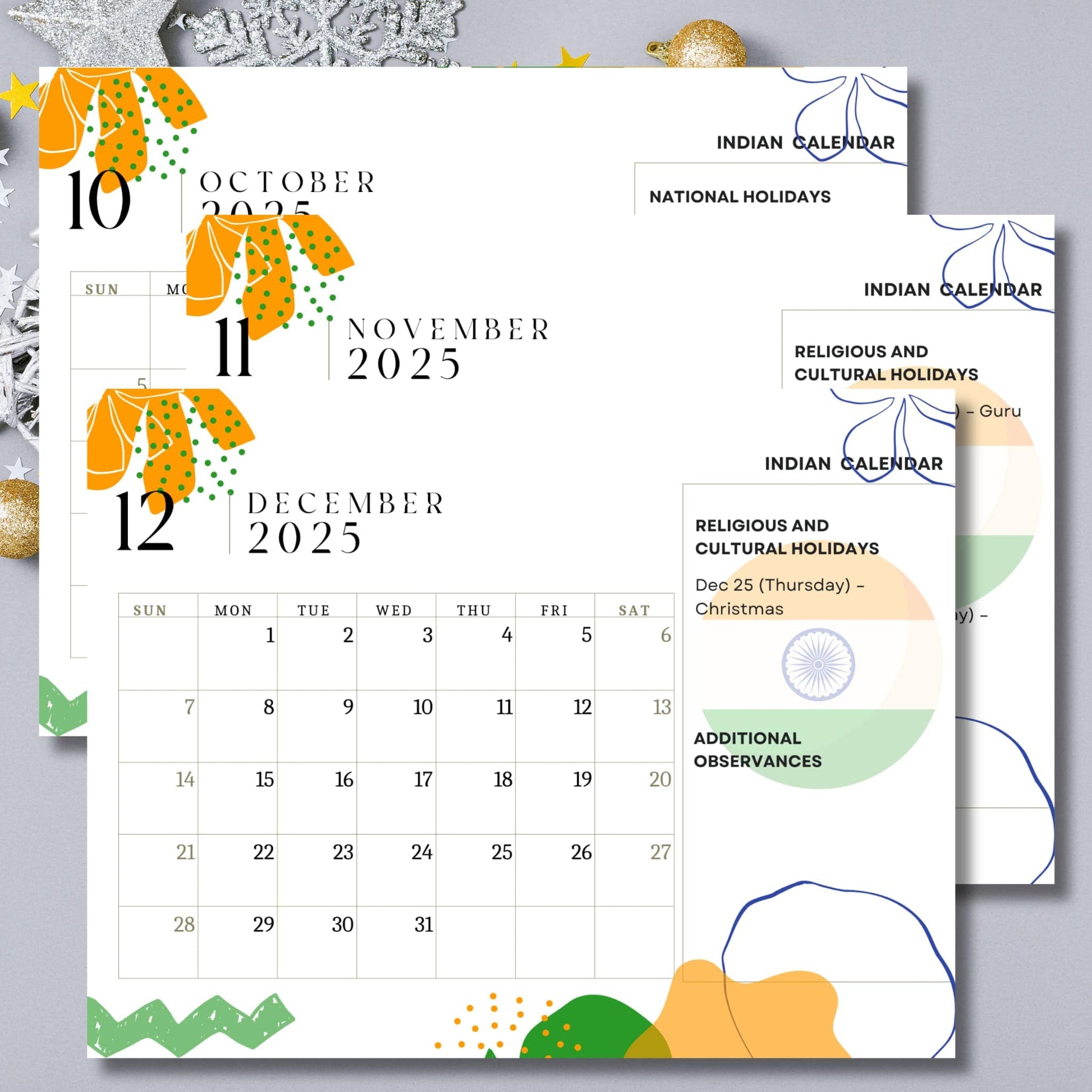 Winter months of 2025 Indian calendar showing October through December with religious observances and cultural celebrations, featuring Ashoka Chakra inspired design elements on silver background