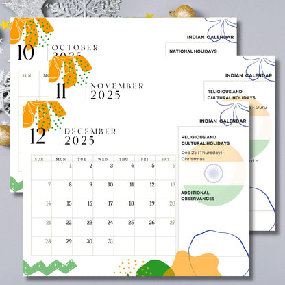 Winter months of 2025 Indian calendar showing October through December with religious observances and cultural celebrations, featuring Ashoka Chakra inspired design elements on silver background