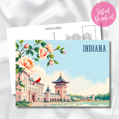 Digital download Indiana souvenir postcard highlighting historic pagoda-style architecture. Features delicate peach peonies, state bird cardinal, and Asian-influenced towers in pastel color palette with instant download badge.