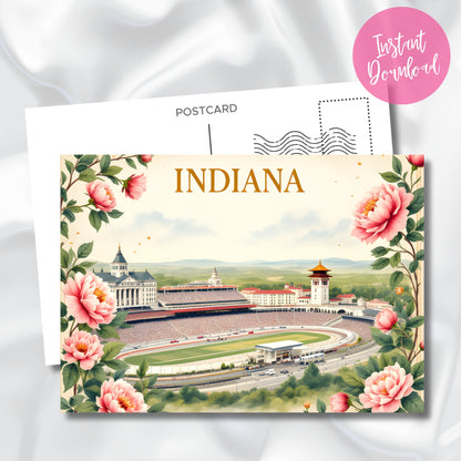 Digital download version of Indiana postcard with pink instant download badge. Shows Indianapolis landmarks including Motor Speedway, state capitol dome, city skyline framed by state flower peonies and cardinal birds.